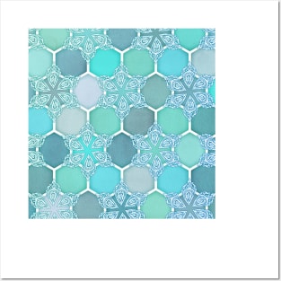 Frozen Mint Honeycomb - Doodle Hexagon Pattern Posters and Art